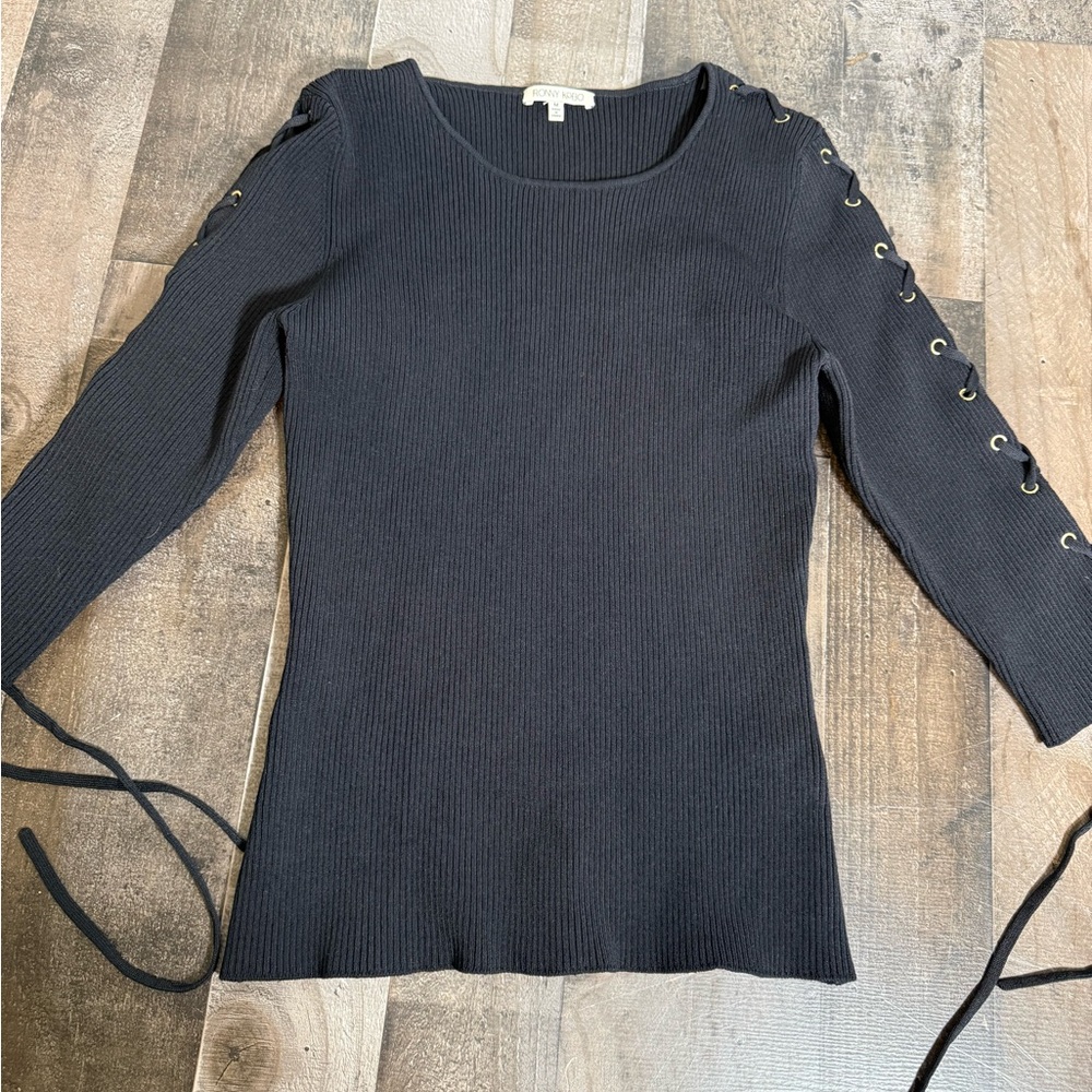 Ronny Kobo Ribbed Knit‎ Lace Up Sleeve Top Black Long Sleeve Fitted Minimalist M